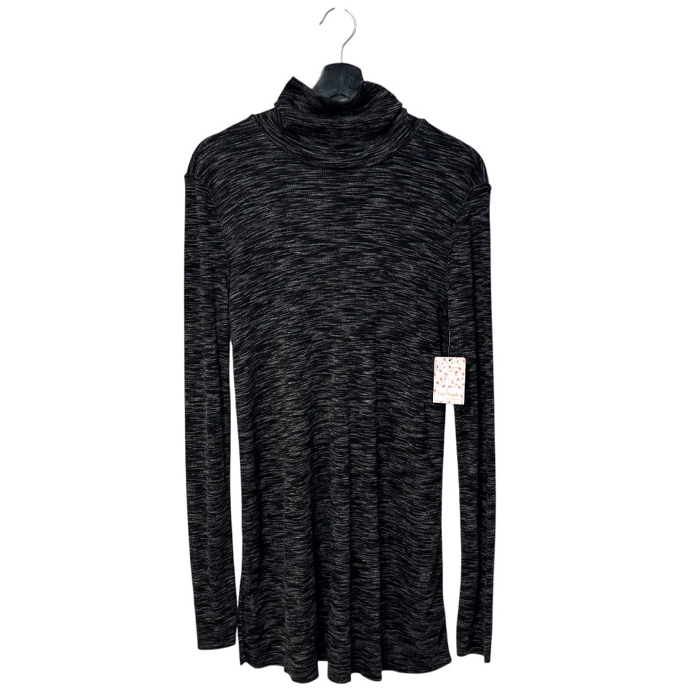 Free People Black Soft Knit Long Sleeve Open Back Slit Tunic Turtleneck Sweater